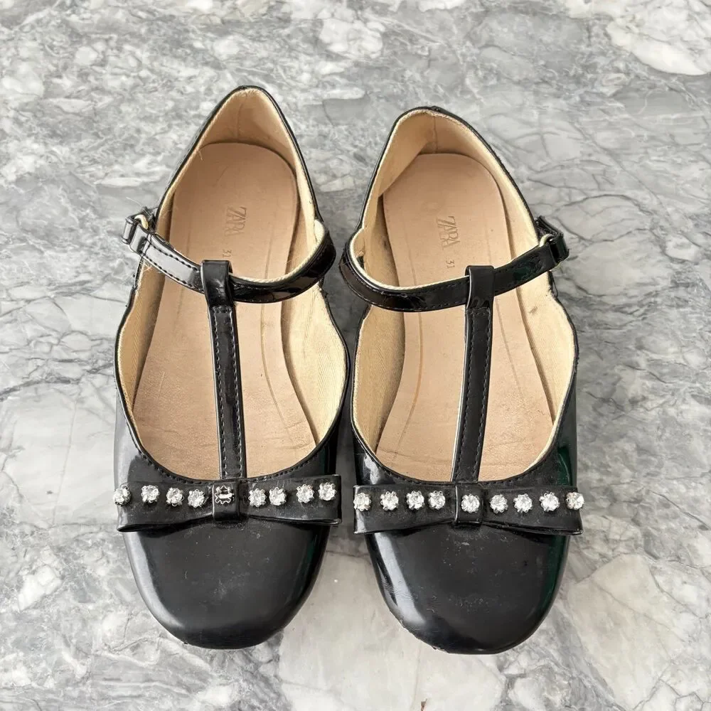 ZARA Girls Rhinestone Mary Jane Flats Dress Shoes Black Size 31